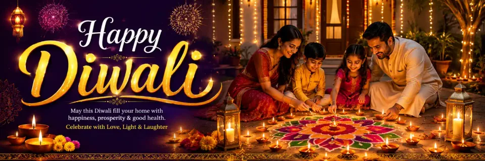 A family lighting diyas around a rangoli on Diwali night